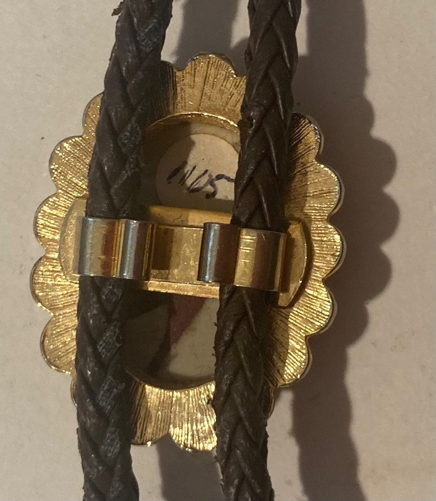 Vintage Metal Bolo Tie, Nice White Stone with Red Stripes Design, Quality, Heavy Duty, Country & Western, Cowboy, Western Wear, Horse