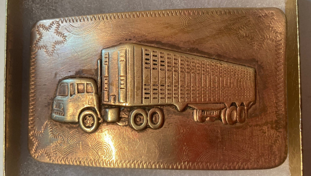 Vintage Metal Belt Buckle, Brass, Antique Semi Truck, Trucking, Livestock, Cattle, Nice Western Style Design, 3 1/4" x 2", Heavy Duty
