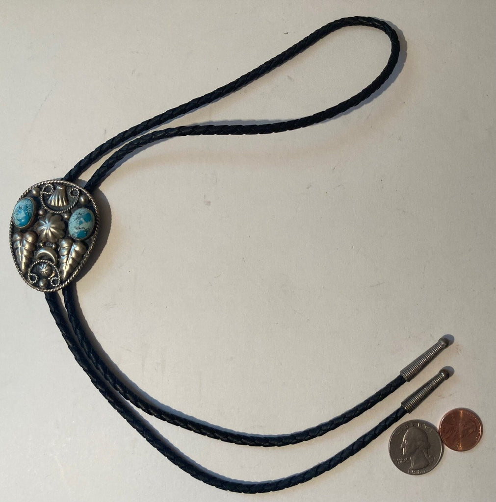 Vintage Metal Bolo Tie, German Silver and Turquoise, Nice Design, 1 1/2 x 2", Nice Design, Quality, Heavy Duty, Made in USA, Country