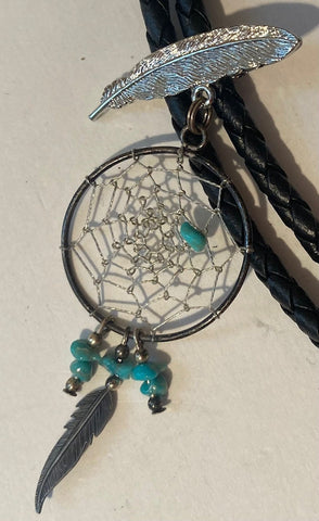 Vintage Metal Bolo Tie, Silver, Wind Cather, Feathers, Turquoise, Nice Western Design, Quality, Heavy Duty, Made in USA, Country & Western