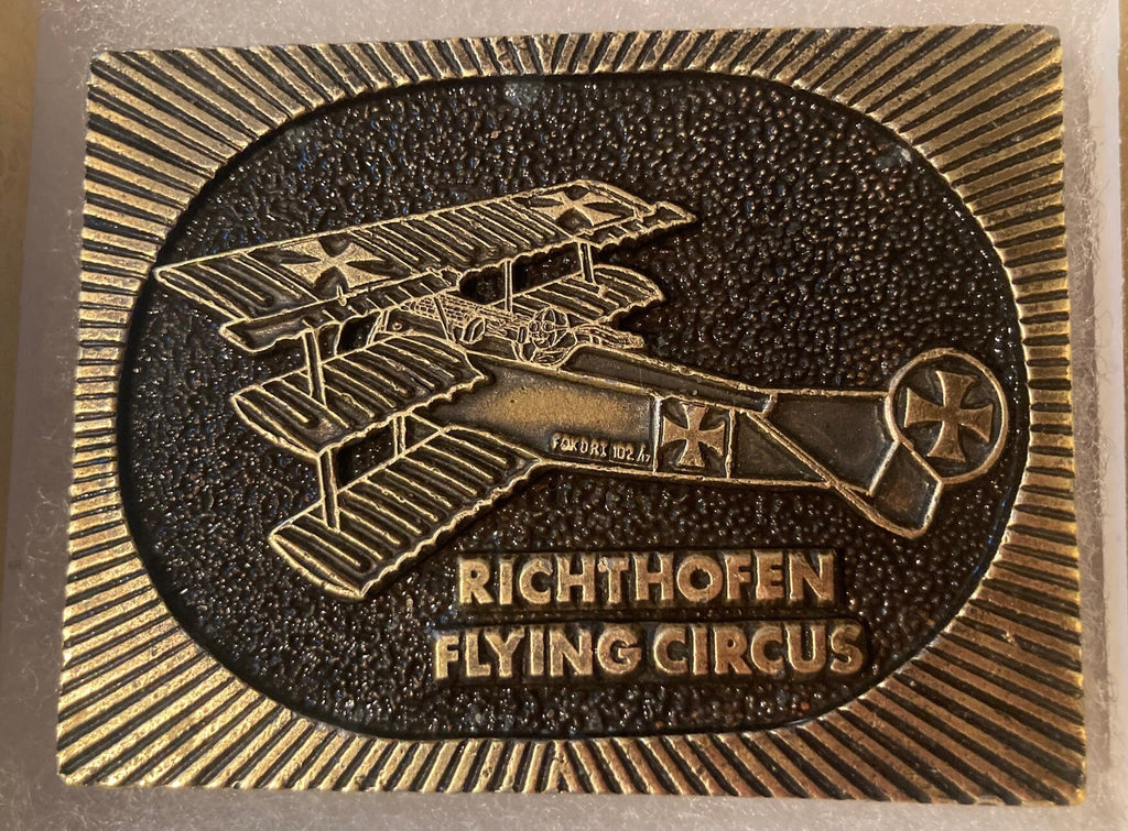 Vintage Metal Belt Buckle, Brass, Very Thick Metal, Richthofen Flying Circus, Nice Western Style Design, 3" x 2 1/3", Heavy Duty, Quality