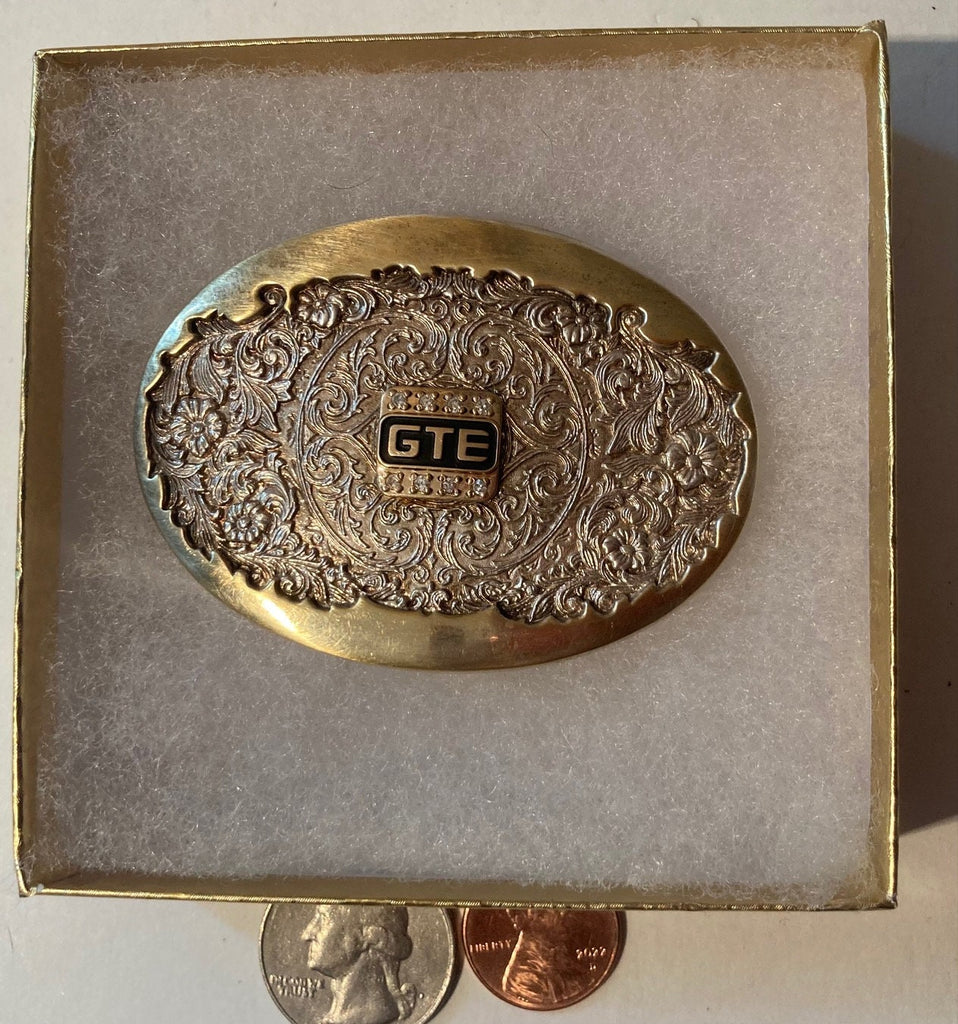 Vintage Metal Belt Buckle, Brass, GTE, Telephone, Communications, Nice Design, 2 1/2" x 2", Heavy Duty, Quality, Thick Metal, Made in USA,