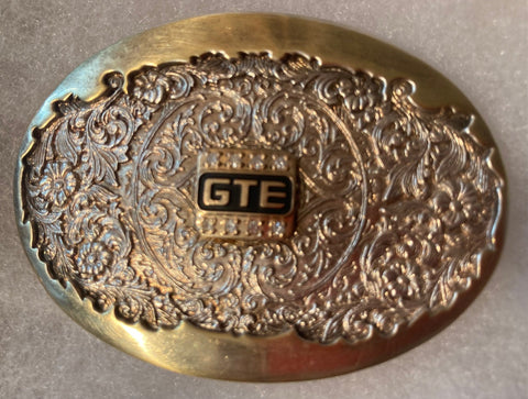 Vintage Metal Belt Buckle, Brass, GTE, Telephone, Communications, Nice Design, 2 1/2" x 2", Heavy Duty, Quality, Thick Metal, Made in USA,