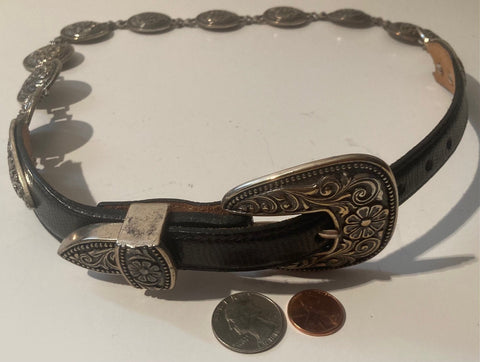 Vintage 1996 Leather Belt and Buckle, Brighton, Really Nice Silver Design, Heavy Feel To It, Quality, Size 30 to 34, Country and Western