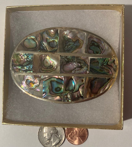 Vintage Metal Belt Buckle, Silver and Really Nice Abalone Design, Nice Western Style Design, 3 1/4" x 2" 1/4, Heavy Duty, Quality