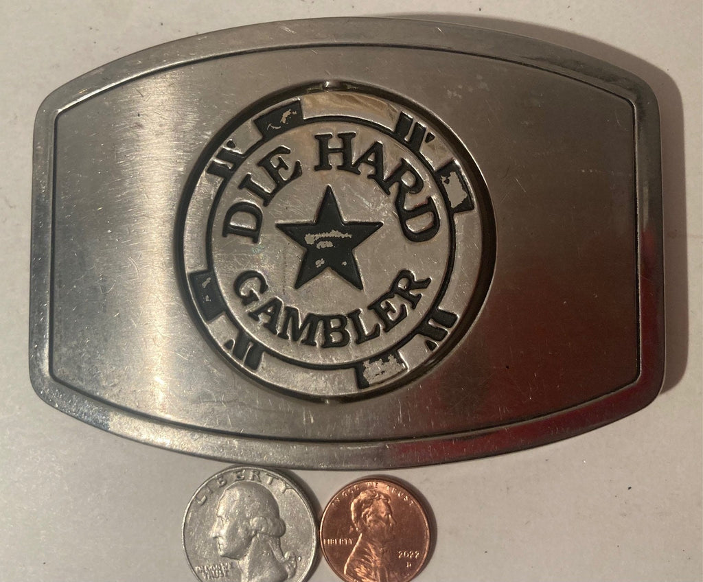 Vintage Metal Belt Buckle, Die Hard Gambler, 100 Poker Chip, Spinning Belt Buckle, Nice Western Style Design, 34" x 2 3/4", Heavy Duty