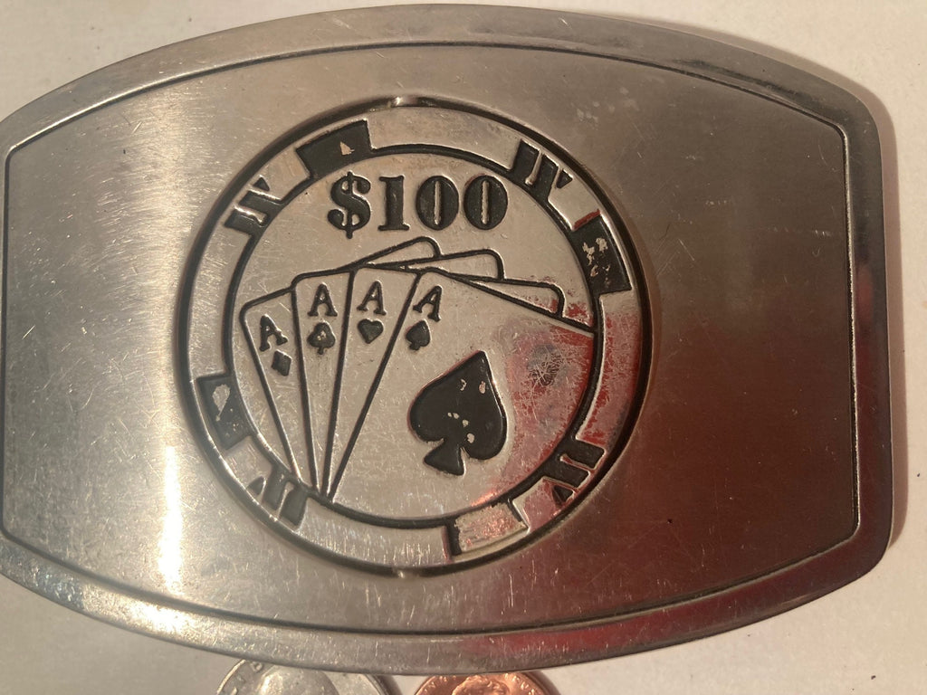 Vintage Metal Belt Buckle, Die Hard Gambler, 100 Poker Chip, Spinning Belt Buckle, Nice Western Style Design, 34" x 2 3/4", Heavy Duty
