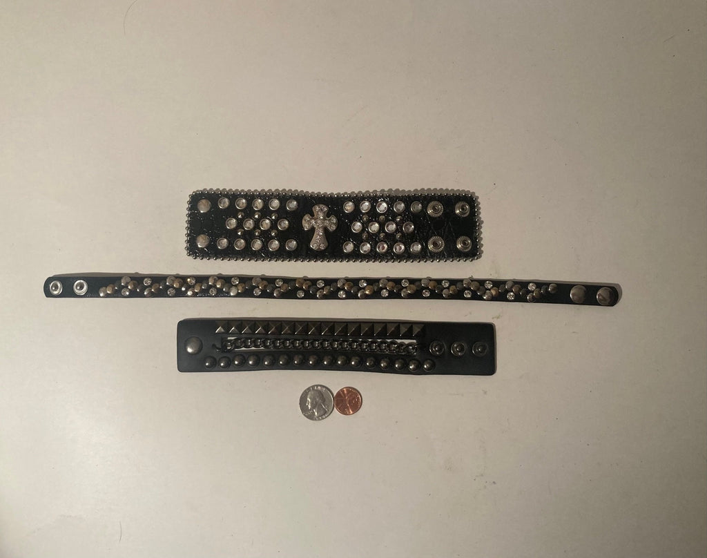 Lot of 3 Leather Neck, and Wrist Straps, Bands, Collars, Wrist Bands, Lot of Nice Snaps and Studs, Shiny Crystals, Cross