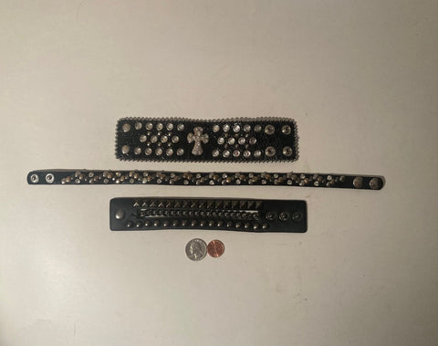 Lot of 3 Leather Neck, and Wrist Straps, Bands, Collars, Wrist Bands, Lot of Nice Snaps and Studs, Shiny Crystals, Cross