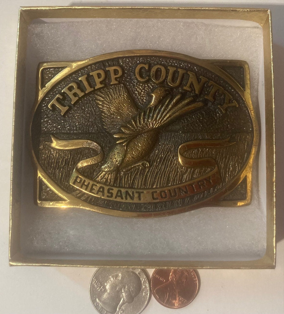 Vintage 1977 Metal Belt Buckle, Brass, Tripp Country, Pheasant Country, South Dakota, Really Nice Design, Nice Western Style Design