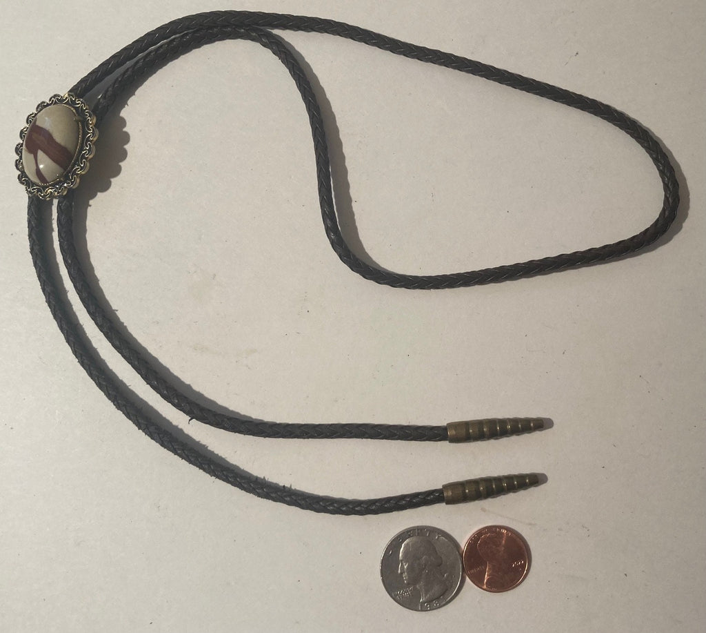 Vintage Metal Bolo Tie, Nice White Stone with Red Stripes Design, Quality, Heavy Duty, Country & Western, Cowboy, Western Wear, Horse