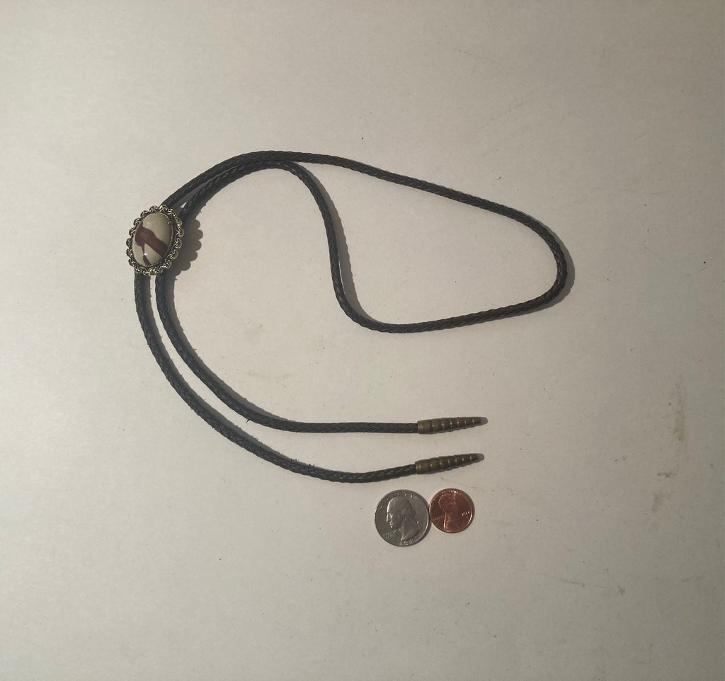 Vintage Metal Bolo Tie, Nice White Stone with Red Stripes Design, Quality, Heavy Duty, Country & Western, Cowboy, Western Wear, Horse