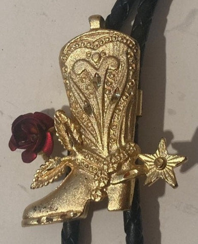 Vintage Metal Bolo Tie, Cowboy Boot with Red Rose, Gold Crown Stamped Inside, Nice Western Design, Quality, Heavy Duty, Country & Western