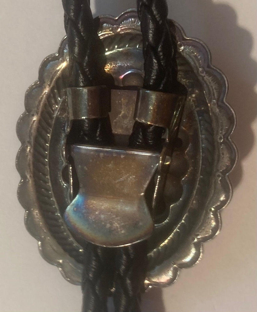 Vintage Metal Bolo Tie, Silver and Blue Turquoise Stone Design, Nice Western Design, Quality, Heavy Duty, Made in USA, Country & Western