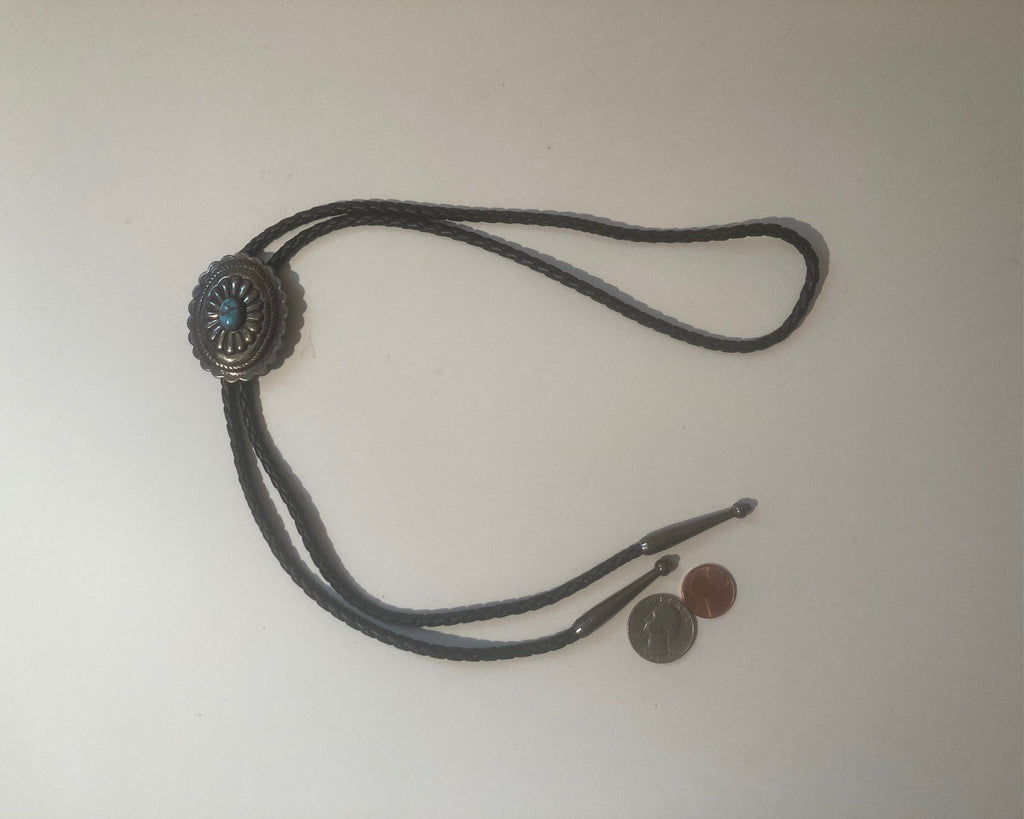 Vintage Metal Bolo Tie, Silver and Blue Turquoise Stone Design, Nice Western Design, Quality, Heavy Duty, Made in USA, Country & Western