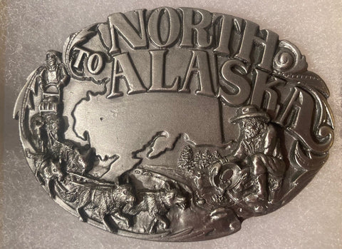 Vintage 1984 Metal Belt Buckle, North To Alaska, Nice Design, Nice Western Style Design, 3" x 2 1/2", Heavy Duty, Quality, Thick Metal