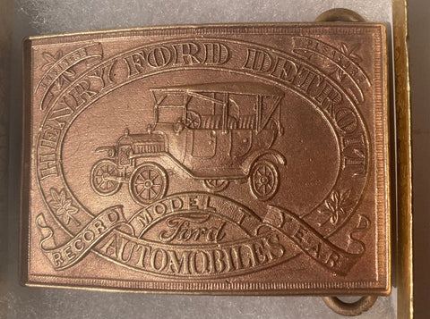 Vintage Metal Belt Buckle, Solid Brass, Henry Ford, Detroit Automobiles, Cars, Nice Western Style Design, 3" 1/4" x 3 1/4", Heavy Duty