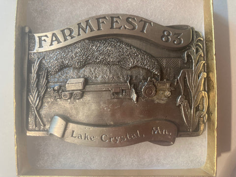 Vintage 1983 Metal Belt Buckle, Lake Crystal, MN, Farmfest 82, Honoring The American Family Farmer, Nice Western Design