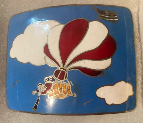 Vintage Metal Belt Buckle, Hot Air Balloon, Man Hanging Over the Side, American Flag, Enamel, Nice Western Style Design, 3" x 2 1/4", Heavy