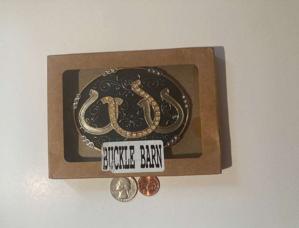 Vintage Metal Belt Buckle, Buckle Barn, Horseshoes, Nice Stones, Nice Western Style Design, 4" x 3", Heavy Duty, Quality, Thick Metal