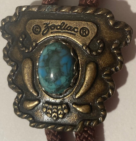 Vintage Metal Bolo Tie, Brass, Nice Turquoise Stone, Zodiac,  Nice Western Design, Quality, Heavy Duty, Made in USA, Country & Western