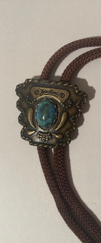 Vintage Metal Bolo Tie, Brass, Nice Turquoise Stone, Zodiac,  Nice Western Design, Quality, Heavy Duty, Made in USA, Country & Western