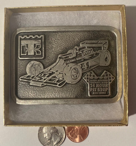 Vintage Metal Belt Buckle, Indy Racing, Thermo King, 24 Hour Pit Stop, Race Car, Nice Western Style Design, 3 1/2" x 2 1/2", Heavy Duty