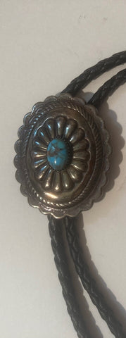 Vintage Metal Bolo Tie, Silver and Blue Turquoise Stone Design, Nice Western Design, Quality, Heavy Duty, Made in USA, Country & Western