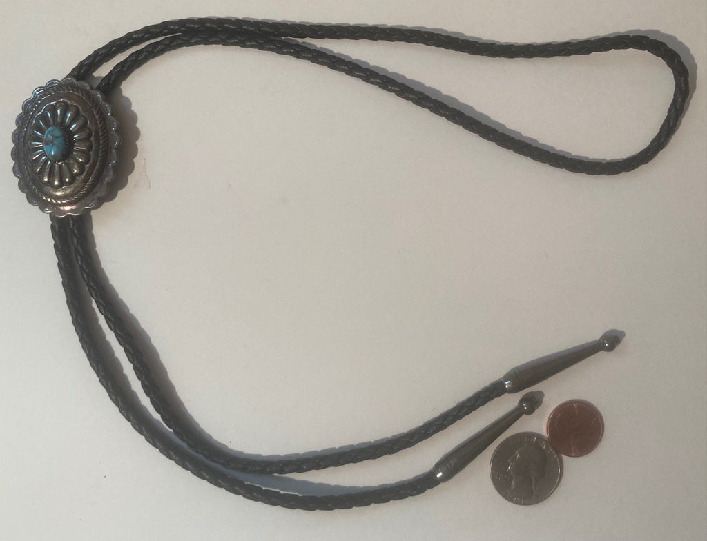 Vintage Metal Bolo Tie, Silver and Blue Turquoise Stone Design, Nice Western Design, Quality, Heavy Duty, Made in USA, Country & Western