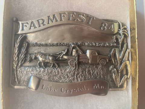 Vintage 1984 Metal Belt Buckle, Lake Crystal, MN, Farmfest 84, Honoring The American Family Farmer, Nice Western Design