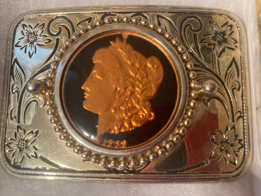 Vintage Metal Belt Buckle, 1921 Lady Liberty Coin, Nice Western Design,  3 1/4" x 2 1/2", Quality, Made in USA, Country and Western, Heavy