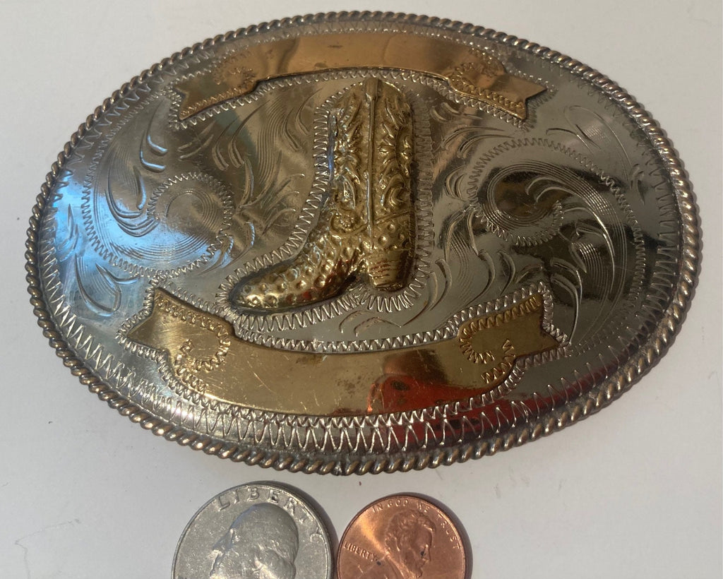 Vintage Metal Belt Buckle, Silver and Brass, Cowboy Boot, Nice Western Design,  4 1/2" x 3 1/4", Quality, Made in USA, Country and Western