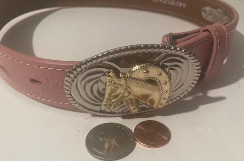 Vintage Leather Belt Buckle, and Belt, Nocona, Pink Leather, Nice, Unique, Quality, Size 20" to 24", Country and Western, Western Wear