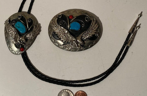 2 Vintage Set of Metal Belt Buckle and Bolo Tie, German Silver and Blue and Red Turquoise Stones, Matching Eagles, Nice Western Design