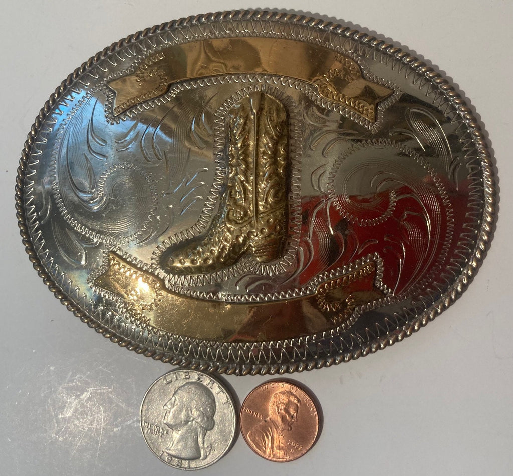 Vintage Metal Belt Buckle, Silver and Brass, Cowboy Boot, Nice Western Design,  4 1/2" x 3 1/4", Quality, Made in USA, Country and Western