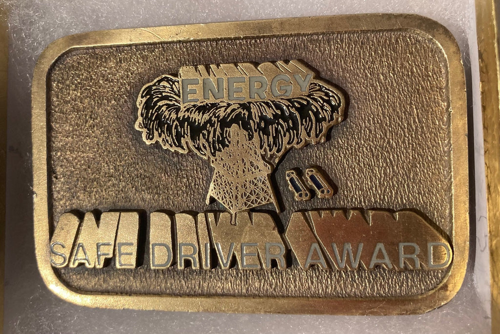 Vintage Metal Belt Buckle, Brass, Energy, Safe Driving Award, Oil, Petroleum, Gas, Electric, Nice Western Design