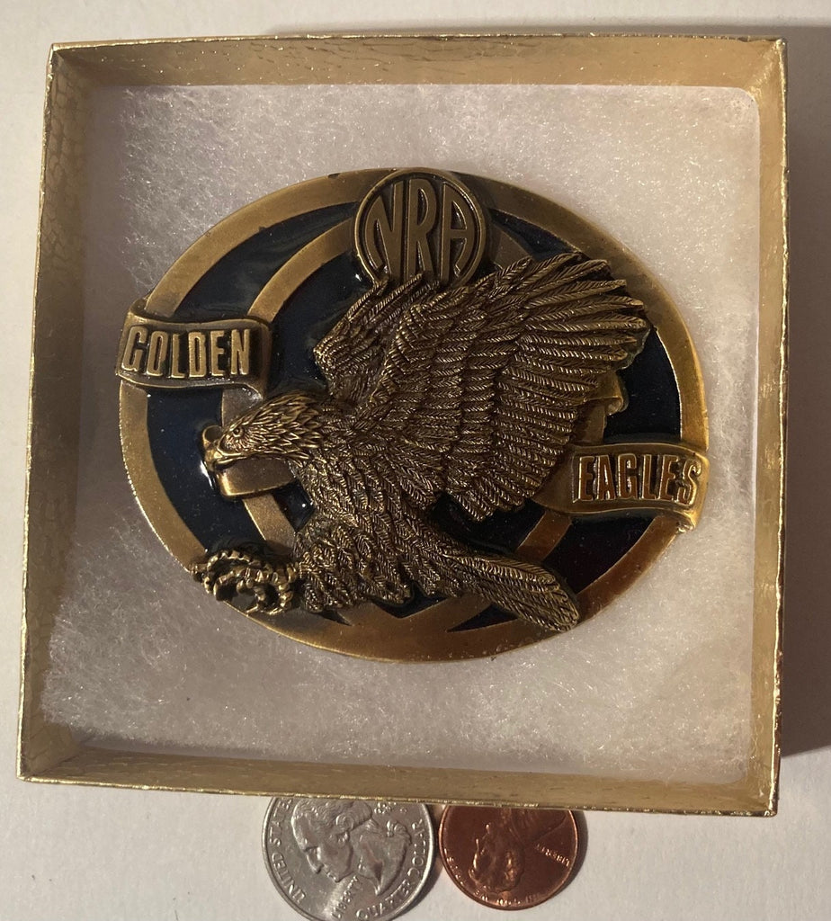 Vintage Metal Belt Buckle, NRA, Golden Eagles, National Rifele Association, 2nd Amendment, Nice Western Style Design, 3" x 2 1/2", Heavy