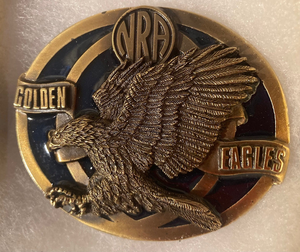 Vintage Metal Belt Buckle, NRA, Golden Eagles, National Rifele Association, 2nd Amendment, Nice Western Style Design, 3" x 2 1/2", Heavy