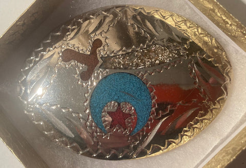 Vintage Metal Belt Buckle, Silver and Blue and Red Inlaid Turquoise, Masons, Masonic, Sword, Nice Western Style Design