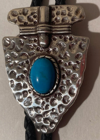 Vintage Metal Bolo Tie, Silver with Nice Turquoise Stone Design, Arrowhead, Native Design, Nice Western Design, 2" x 1 1/4", Quality