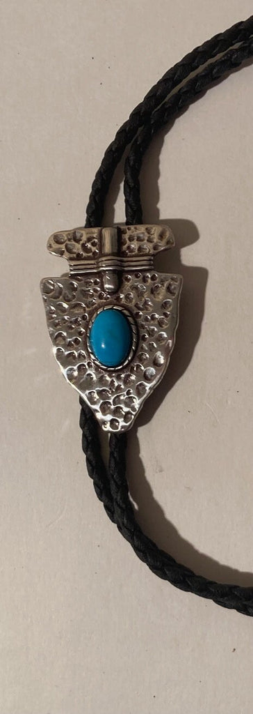 Vintage Metal Bolo Tie, Silver with Nice Turquoise Stone Design, Arrowhead, Native Design, Nice Western Design, 2" x 1 1/4", Quality