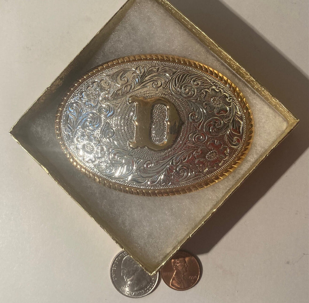 Vintage Metal Belt Buckle, Silver and Brass, Letter D, Initial D, Gold Plated, Heritage Collection, Nice Western Design