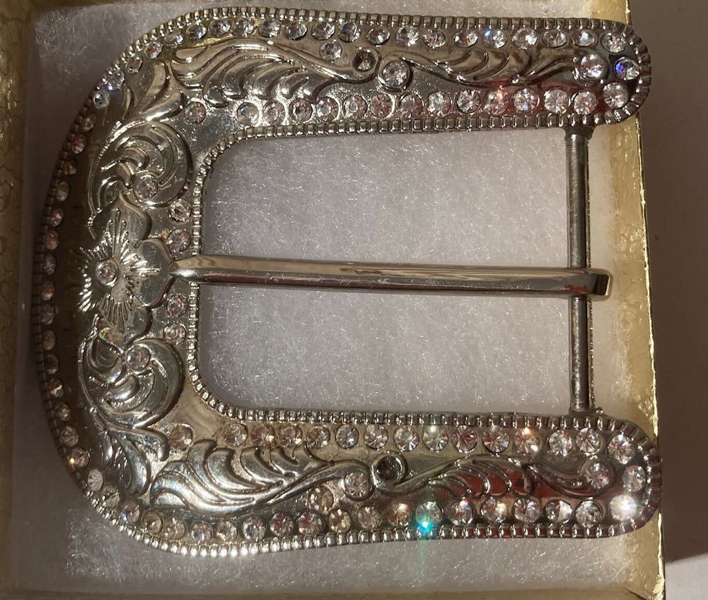 Vintage Metal Belt Buckle, Nice Sparkly Crystals, 3 1/2" x 3", Heavy Duty, Made in USA, Quality, Name, Country & Western, Western Wear