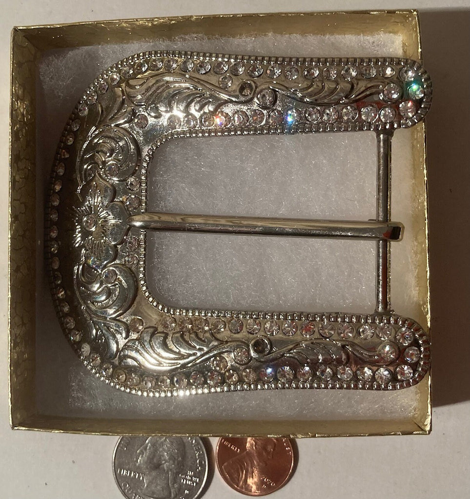 Vintage Metal Belt Buckle, Nice Sparkly Crystals, 3 1/2" x 3", Heavy Duty, Made in USA, Quality, Name, Country & Western, Western Wear