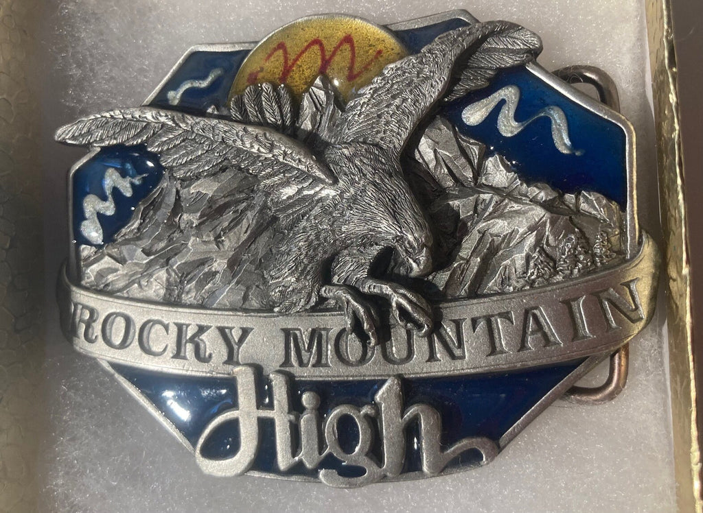 Vintage 1985 Metal Belt Buckle, Rocky Mountain High, Range, Nice Design, 3 1/4" x 2 1/2", Heavy Duty, Quality, Thick Metal, Made in USA