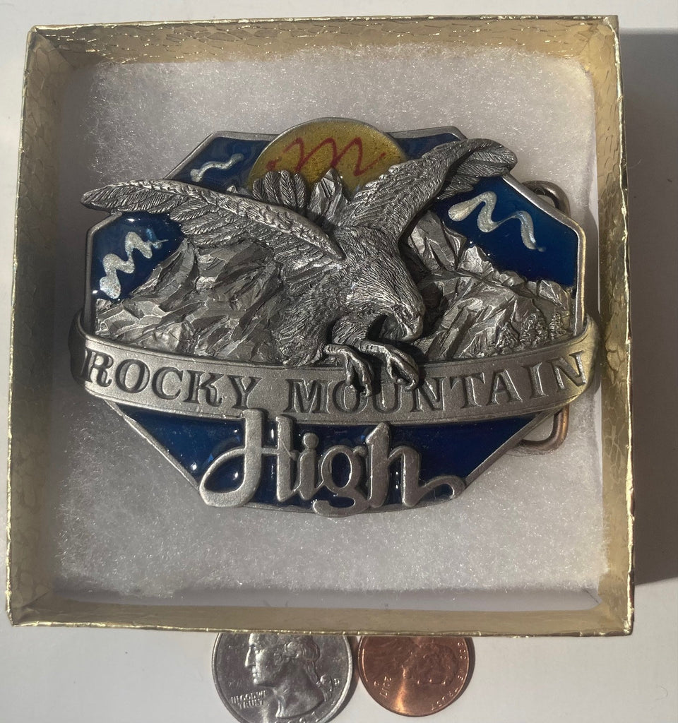 Vintage 1985 Metal Belt Buckle, Rocky Mountain High, Range, Nice Design, 3 1/4" x 2 1/2", Heavy Duty, Quality, Thick Metal, Made in USA