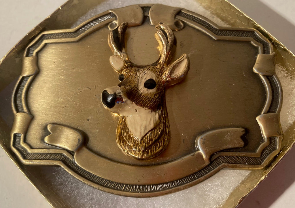 Vintage Metal Belt Buckle, Brass, Buck, Deer, Whitetail, Nature, Wildlife, Hunting, Nice Western Design, 3 3/4" x 2 3/4", Heavy Duty