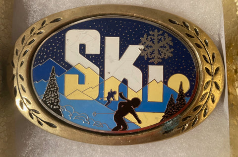 Vintage 1980 Metal Belt Buckle, Brass, Ski, Skiing, Snow, Nice Western Design, 3 1/2" x 2 1/4", Heavy Duty, Quality, Thick Metal, For Belts