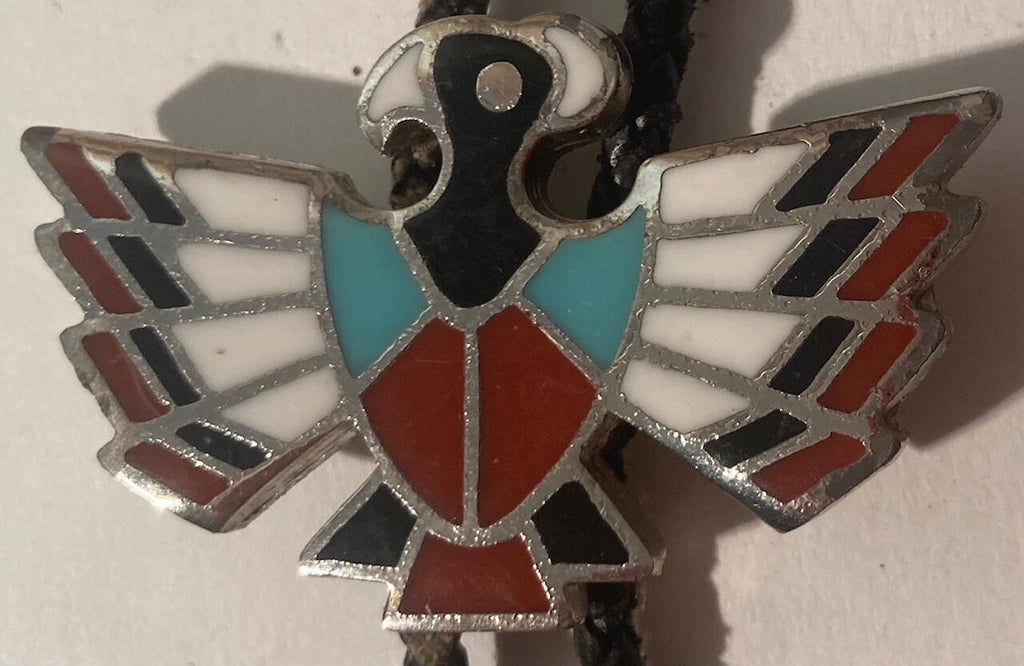 Vintage Metal Bolo Tie, Nice Silver Eagle Bird with Nice Enamel Design, Native Nice Western Design, 2 1/4" x 1 1/2", Quality, Heavy Duty