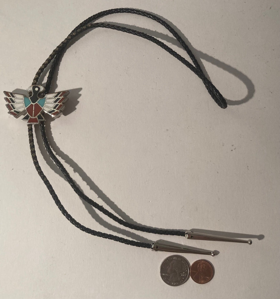 Vintage Metal Bolo Tie, Nice Silver Eagle Bird with Nice Enamel Design, Native Nice Western Design, 2 1/4" x 1 1/2", Quality, Heavy Duty